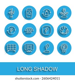 Set line Solar energy panel, Leaf Eco symbol, Wind turbine, Sprout, Earth globe and leaf and  icon. Vector