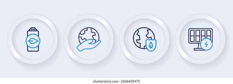 Set line Solar energy panel, Earth with shield, Hand holding globe and Eco nature leaf battery icon. Vector