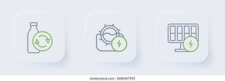 Set line Solar energy panel, Water mill and Recycling plastic bottle icon. Vector