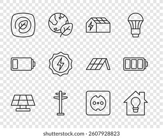 Set line Solar energy panel, Smart house and light bulb, Electric tower, Location with leaf, Lightning bolt, Electrical outlet and Battery icon. Vector