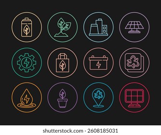 Set line Solar energy panel, Recycle, Factory, Shopping bag with recycle, Gear and lightning, Eco nature leaf battery, Car and Plant icon. Vector