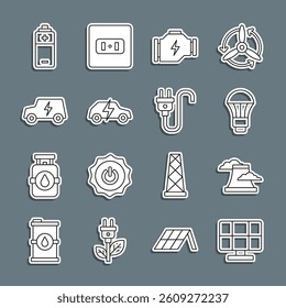 Set line Solar energy panel, Nuclear power plant, LED light bulb, Check engine, Electric car, Battery and plug icon. Vector