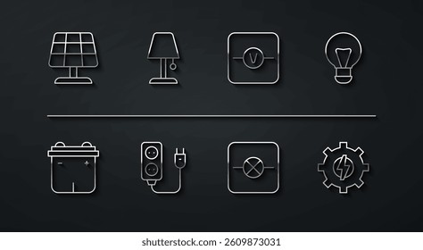 Set line Solar energy panel, Car battery, Creative lamp light idea, Lamp in electronic circuit, Electric extension, Table, Gear and lightning and Voltmeter icon. Vector