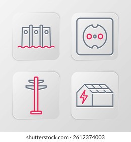 Set line Solar energy panel, Electric tower, Electrical outlet and Hydroelectric dam icon. Vector