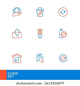 Set line Solar energy panel, Water tap, Eco friendly house, Recycling plastic bottle, Iceberg, LED light bulb, Recycle symbol and Trash can icon. Vector