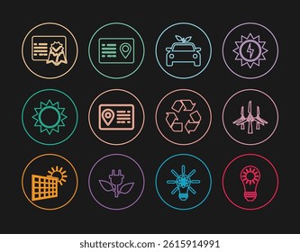 Set line Solar energy panel, Wind turbines, Eco car concept drive, Address book, Sun, Certificate template, Recycle symbol and  icon. Vector