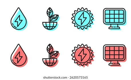 Set line Solar energy panel, Water energy, Earth globe and plant and Solar energy panel icon. Vector