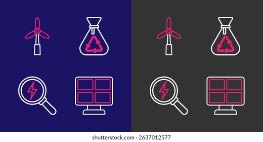 Set line Solar energy panel, Lightning bolt, Garbage bag with recycle and Wind turbine icon. Vector