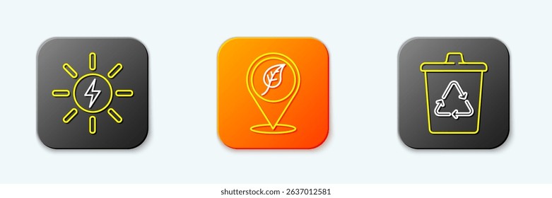 Set line Solar energy panel, Location with leaf and Recycle bin recycle icon. Vector
