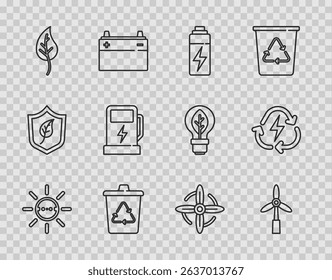 Set line Solar energy panel, Wind turbine, Battery, Recycle with recycle, Leaf or leaves, Electric car charging station,  and  icon. Vector