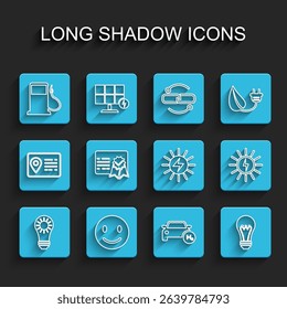 Set line Solar energy panel, Smile face, Petrol or Gas station, Hydrogen car, Light bulb, Certificate template,  and  icon. Vector