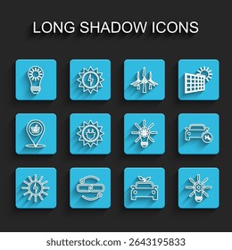 Set line Solar energy panel, Chain link line, Eco car concept drive, Light bulb with gear, Hydrogen and  icon. Vector