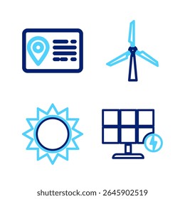 Set line Solar energy panel, Sun, Wind turbine and Address book icon. Vector