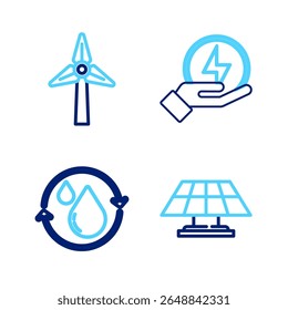 Set line Solar energy panel, Recycle clean aqua, Lightning bolt and Wind turbine icon. Vector