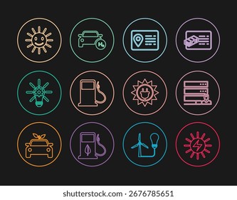 Set-Line Solar-Panel, Customer Care Server, Adressbuch, Benzin oder Tankstelle, Glühbirne mit Ausrüstung, Niedliches Sonnenlächeln und Wasserstoff-Symbol. Vektorgrafik