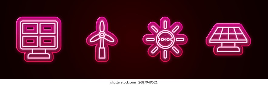 Fije el panel de la energía solar, la turbina de viento, y. Icono de neón brillante. Vector