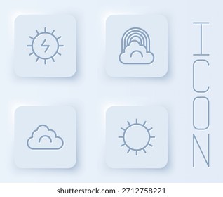 Set line Solar energy panel, Rainbow with cloud, Cloud and Sun. White square button. Vector