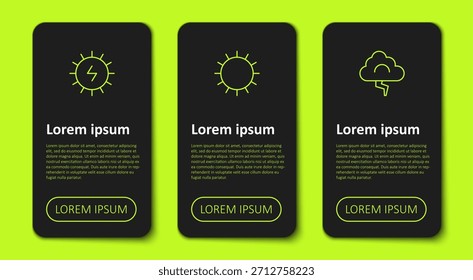 Set line Solar energy panel, Sun and Cloud and lightning. Business infographic template. Vector