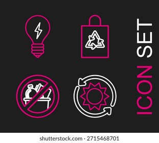 Set line Solar energy panel, No trash, Plastic bag with recycle and Light bulb lightning symbol icon. Vector