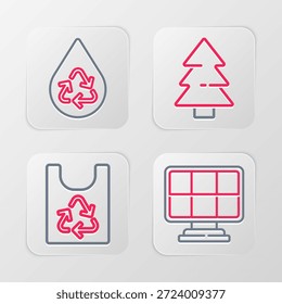 Set line Solar energy panel, Plastic bag with recycle, Christmas tree and Recycle clean aqua icon. Vector