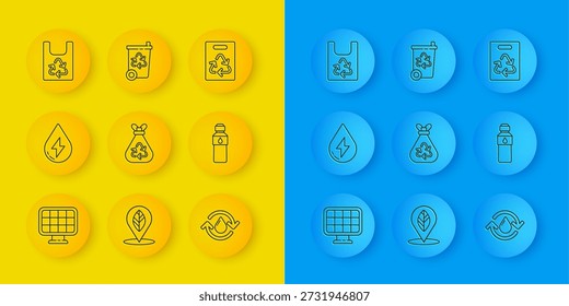 Set line Panel de energía solar, agua, bolsa de basura con reciclaje, reciclar agua limpia, botella de agua, plástico, papel e icono de papelera. Vector