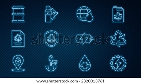 Set line Solar energy panel, Recycle symbol, Earth planet in water drop, inside shield, Paper with recycle, Barrel, Battery and Recycling plastic bottle icon. Vector