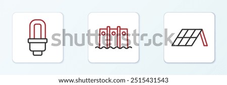 Set line Solar energy panel, LED light bulb and Hydroelectric dam icon. Vector