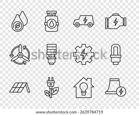 Set line Solar energy panel, Nuclear power plant, Electric car, saving plug in leaf, Water, LED light bulb, Smart house and and  icon. Vector