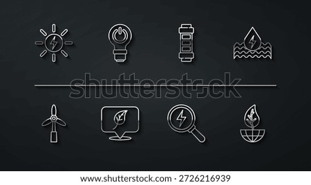 Set line Solar energy panel, Wind turbine, Water, Lightning bolt, Location with leaf, bulb lightning, Earth globe and and Battery icon. Vector