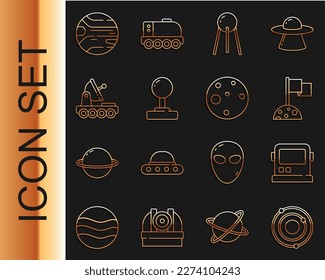 Set line Solar system, Astronaut helmet, Moon with flag, Satellite, Joystick, Mars rover, Planet and  icon. Vector