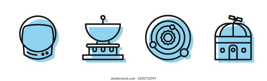 Set line Solar system, Astronaut helmet, Planet Saturn and Astronomical observatory icon. Vector