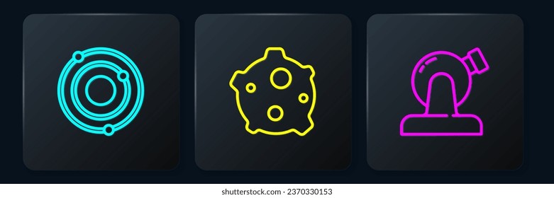Set line Solar system, Astronomical observatory and Asteroid. Black square button. Vector