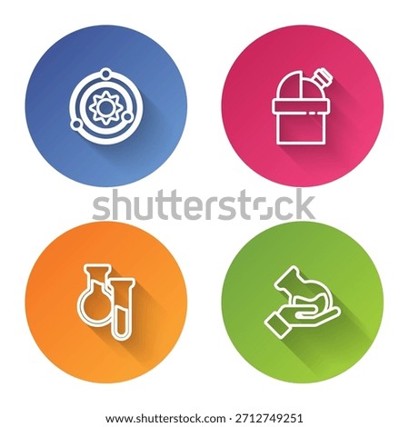 Set line Solar system, Astronomical observatory, Test tube and flask and . Color circle button. Vector