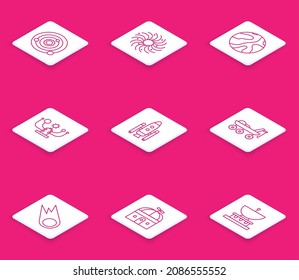 Set line Solar system, Black hole, Falling stars, Space shuttle and rockets, Mars rover, Comet falling down fast and Astronomical observatory icon. Vector