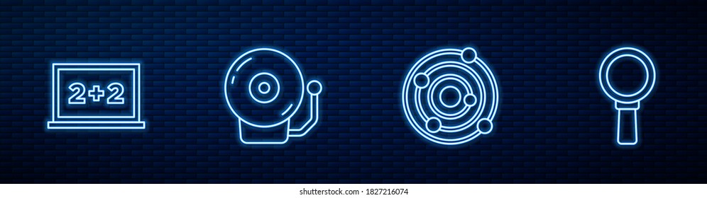 Set line Solar system, Chalkboard, Ringing alarm bell and Magnifying glass. Glowing neon icon on brick wall. Vector