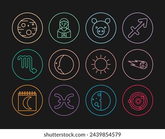 Set line Solar system, Comet falling down fast, Pig zodiac, Eclipse of the sun, Scorpio, Planet Mars, Sun and Astrology woman icon. Vector