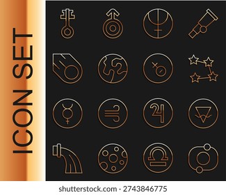 Set line Solar system, Earth element, Star constellation zodiac, Neptune planet, globe, Comet, Old magic key and Venus symbol icon. Vector