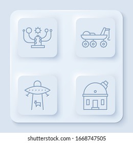 Set line Solar system, Mars rover, Planet and Astronomical observatory. White square button. Vector