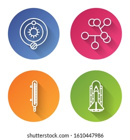 Set line Solar system, Molecule, Meteorology thermometer measuring and Space shuttle and rockets. Color circle button. Vector