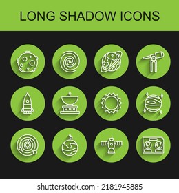 Set line Solar system, Moon with flag, UFO abducts cow, Satellite, Celestial map of the night sky, Planet Saturn, Venus and Sun icon. Vector
