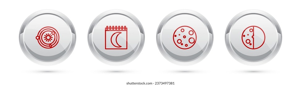 Set line Solar system, Moon phases calendar,  and Eclipse of the sun. Silver circle button. Vector