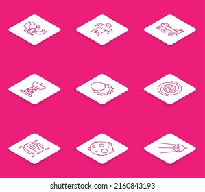 Set line Solar system, Planet, Mars rover, Satellite dish, Eclipse of the sun, Black hole, Venus and UFO abducts cow icon. Vector