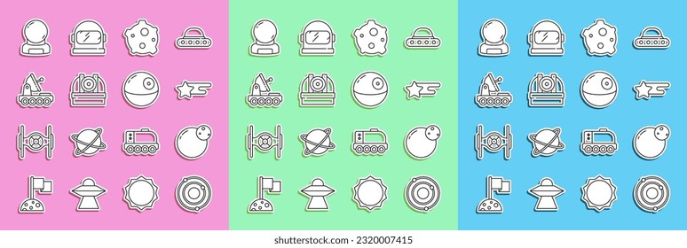 Set line Solar system, Planet, Falling star, Asteroid, Astronomical observatory, Mars rover, Astronaut helmet and Death icon. Vector
