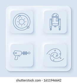 Set line Solar system, Robot, Ray gun and Black hole. White square button. Vector