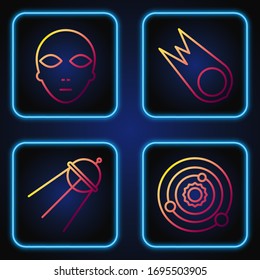 Set line Solar system, Satellite, Alien and Comet falling down fast. Gradient color icons. Vector