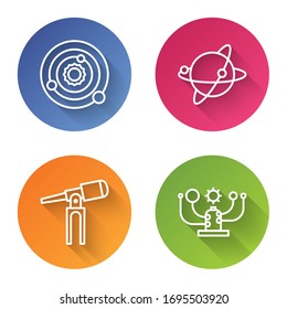 Set line Solar system, Satellites orbiting the planet Earth, Telescope and Solar system. Color circle button. Vector