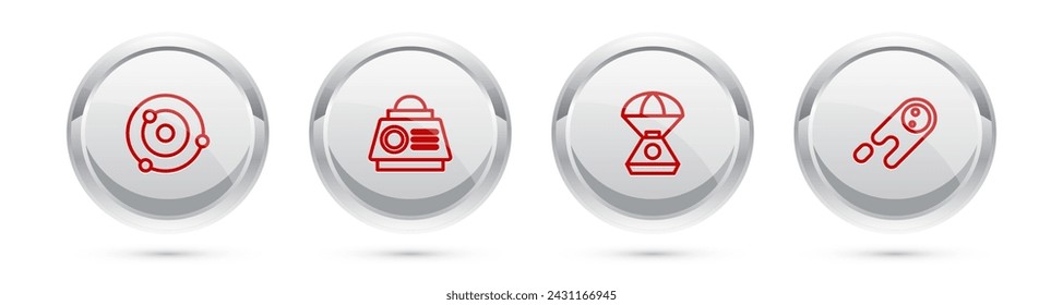 Set line Solar system, Space capsule,  and Comet falling down fast. Silver circle button. Vector