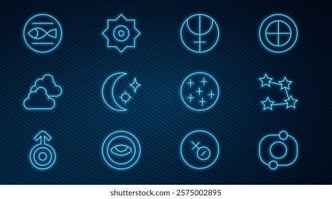 Set line Solar system, Star constellation zodiac, Neptune planet, Moon and stars, Cloudy weather, Pisces, Full moon and Falling icon. Vector