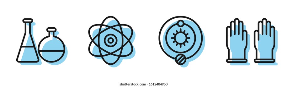 Set line Solar system, Test tube and flask chemical laboratory, Atom and Rubber gloves icon. Vector