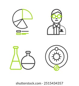 Sistema solar, tubo de ensayo y laboratorio químico del frasco, científico e icono de infografía de gráfico circular. Vector